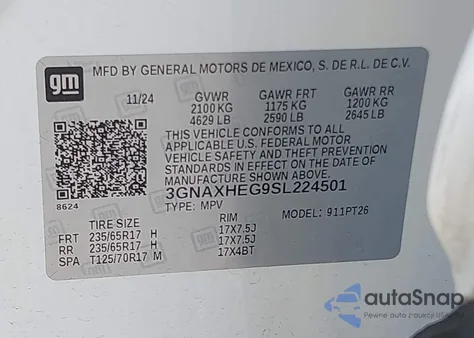 2025 Chevrolet Equinox Fwd Lt from USA, damaged, VIN 3GNAXHEG9SL224501